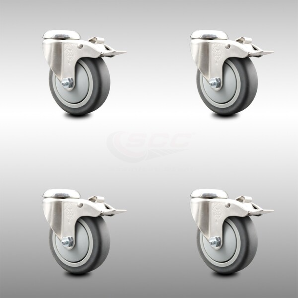 4 Inch 316SS Thermoplastic Rubber Swivel Bolt Hole Caster Set with Lock Brake